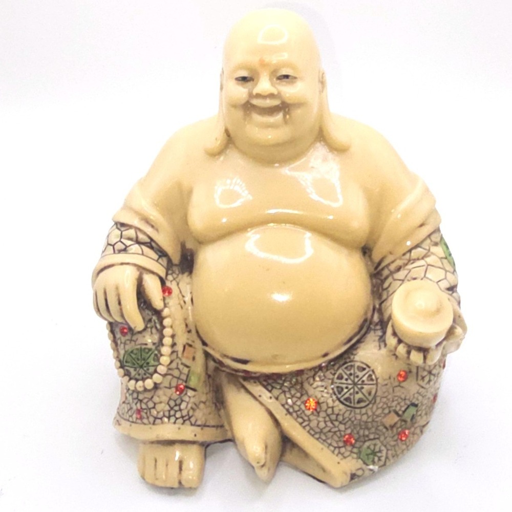 Laughing Buddha Hotei Figurine Resin Cream Gold Ingot Rhinestone Mosaic Robes
